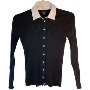 Worth ladies cardigan sweater small black white button collar capsule ribbed